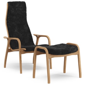 Poltrona Swedese Lamino con Poggiapiedi Alto in Rovere Oliato/ Nero/pelle di Pecora