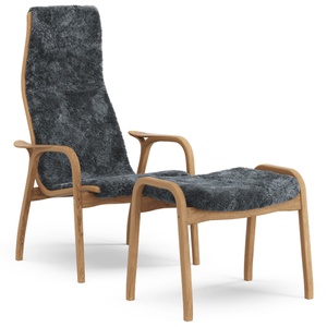 Poltrona Swedese Lamino con Poggiapiedi Alto in Rovere Oliato/carbone/pelle di Pecora