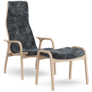 Poltrona Swedese Lamino con Poggiapiedi Alto Laccato Faggio Rovere/carbone/pelle di Pecora