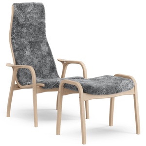 Poltrona Swedese Lamino con Poggiapiedi Alto Laccato Faggio Rovere/grigio Scandinavo/pelle di Pecora