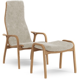 Poltrona Swedese Lamino con Poggiapiedi Alto in Rovere Oliato/chiaro di Luna/pelle di Pecora