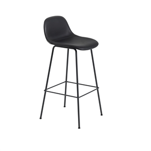 Sgabello Bar Muuto Fiber con Base in Tubo e Schienale Rivestito in Pelle Nero H97,5 cm